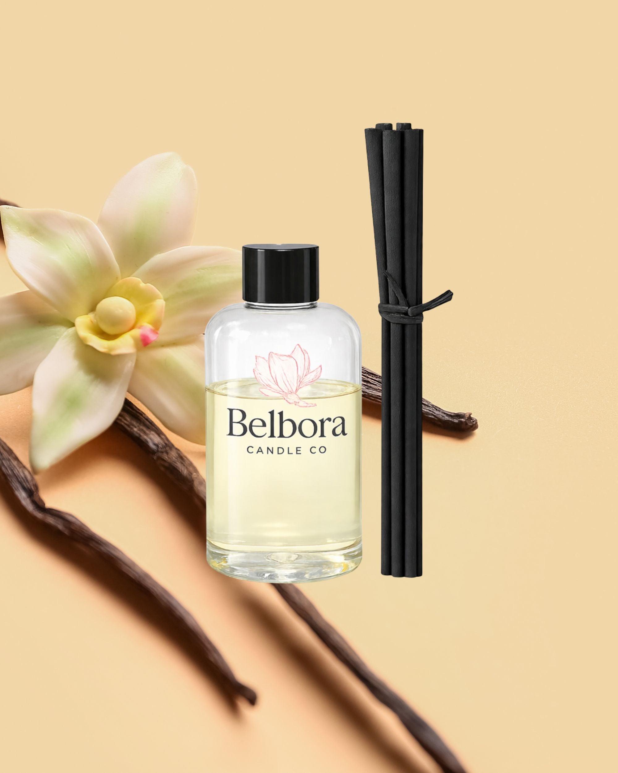 Belbora Candle Co Afternoon Tea Reed Diffuser Refill with vanilla beans and an orchid on a beige background