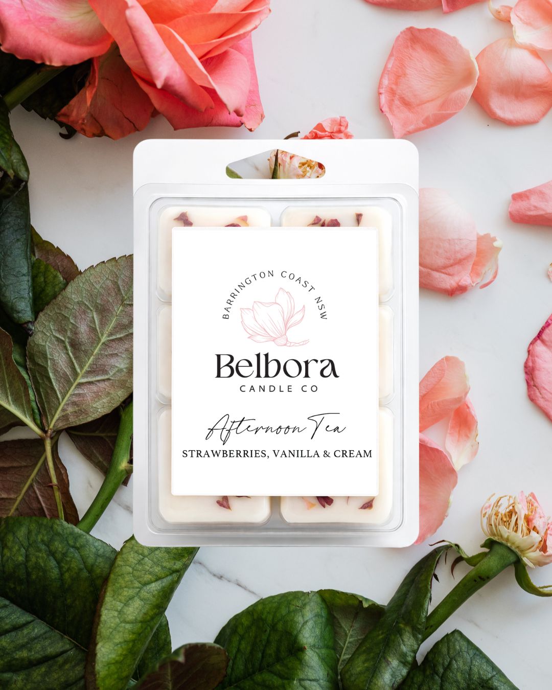 Belbora Candle Co. wax melt package with floral and leaf decorations