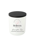 Belbora Candle Co Barrington Tops Candle white with black lid on transparent background 