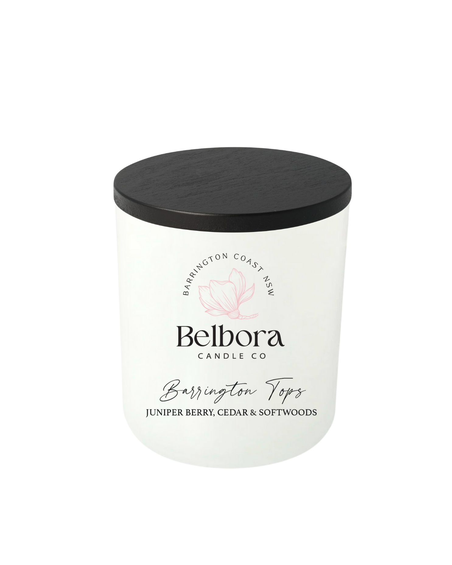 Belbora Candle Co Barrington Tops Candle white with black lid on transparent background 