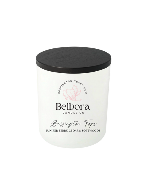 Belbora Candle Co Barrington Tops Candle white with black lid on transparent background 