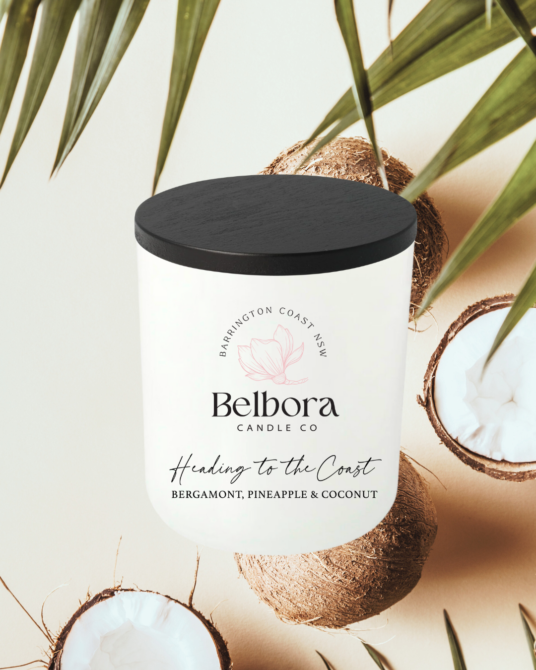 Belbora Candle Co Heading to the coast candle with coconut and palm leaf elements on a light background