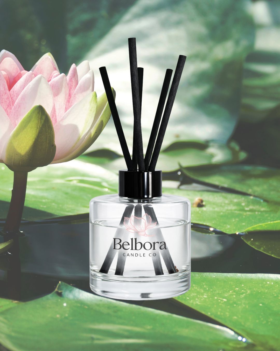 Belbora Candle Co Lily Pond Reed diffuser with black sticks on a green lily pad and flower background
