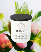 Belbora candle Co The Old Fig Tree candle with black lid on pomegranate and leaf background
