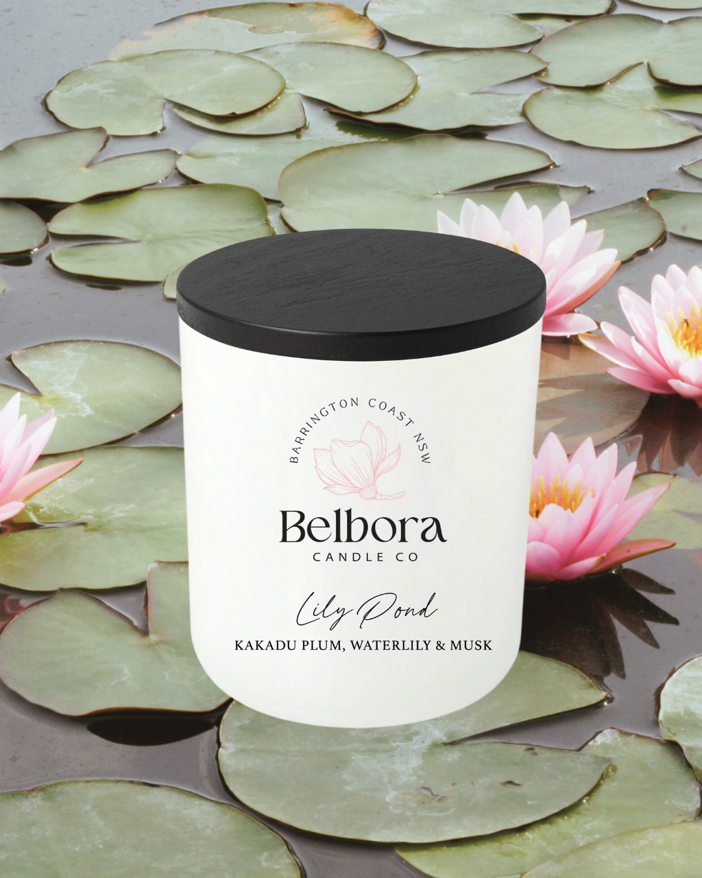 Belbora Candle Co candle Lily Pond on a background of water lilies