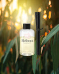Belbora Candle Co Bush Walks Reed Diffuser Refill l bottle with reeds against a blurred natural eucalypt background