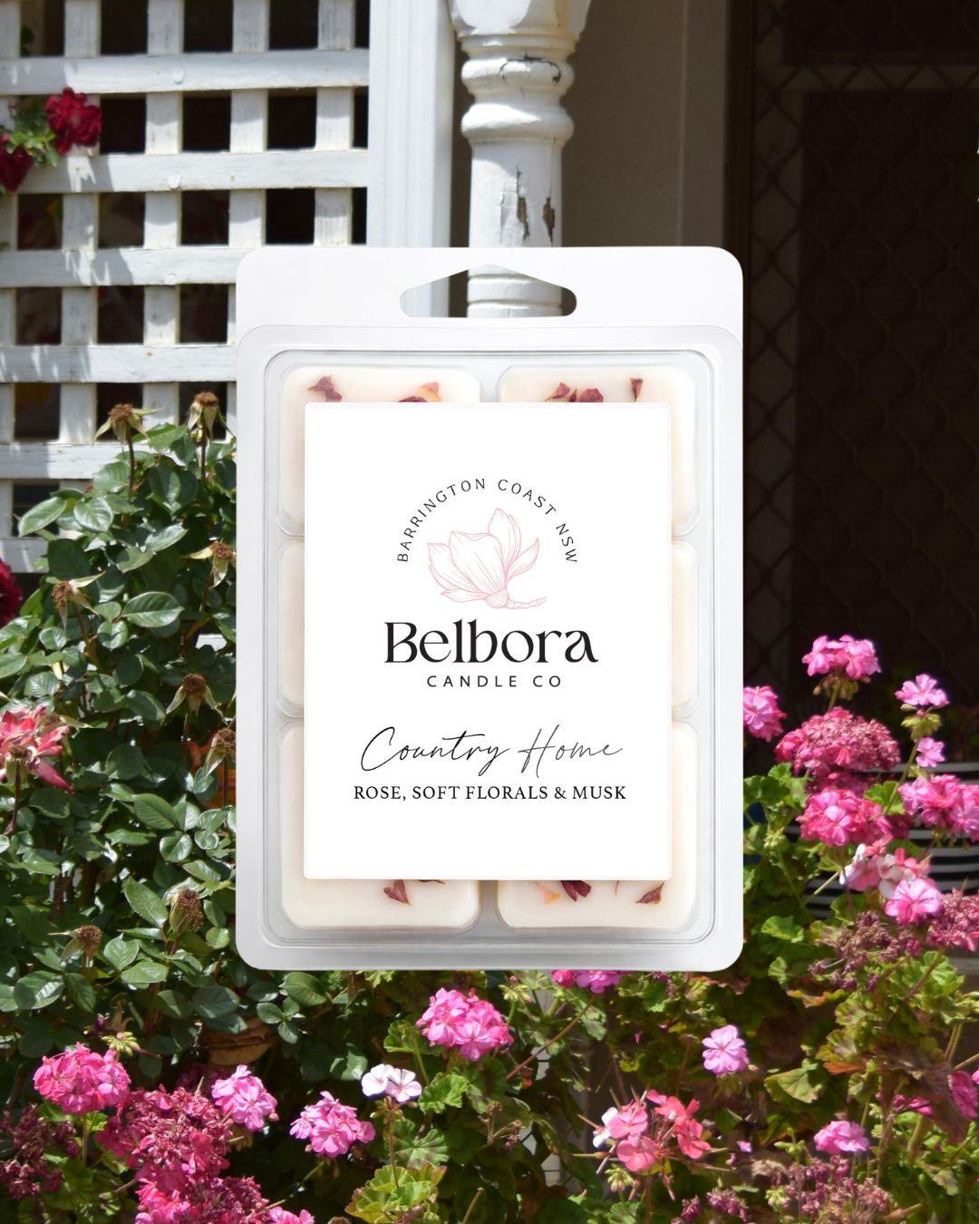 Belbora Candle Co. Country Home wax melt packet with floral background