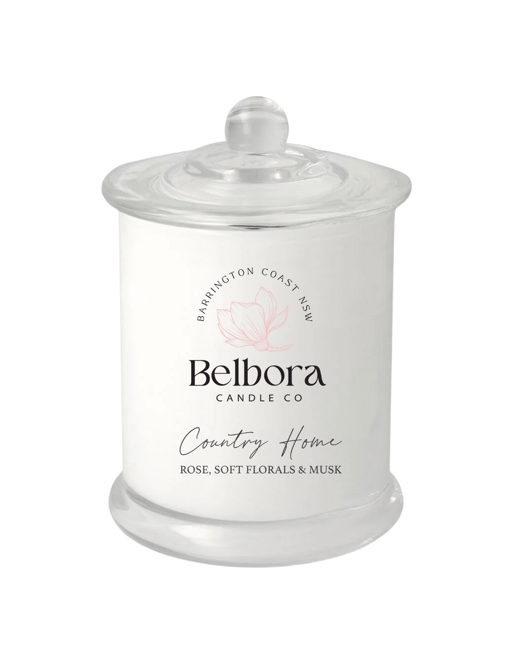 Belbora Candle Co. candle jar with a white label on a white background