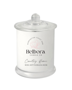 Belbora Candle Co. candle jar with a white label on a white background