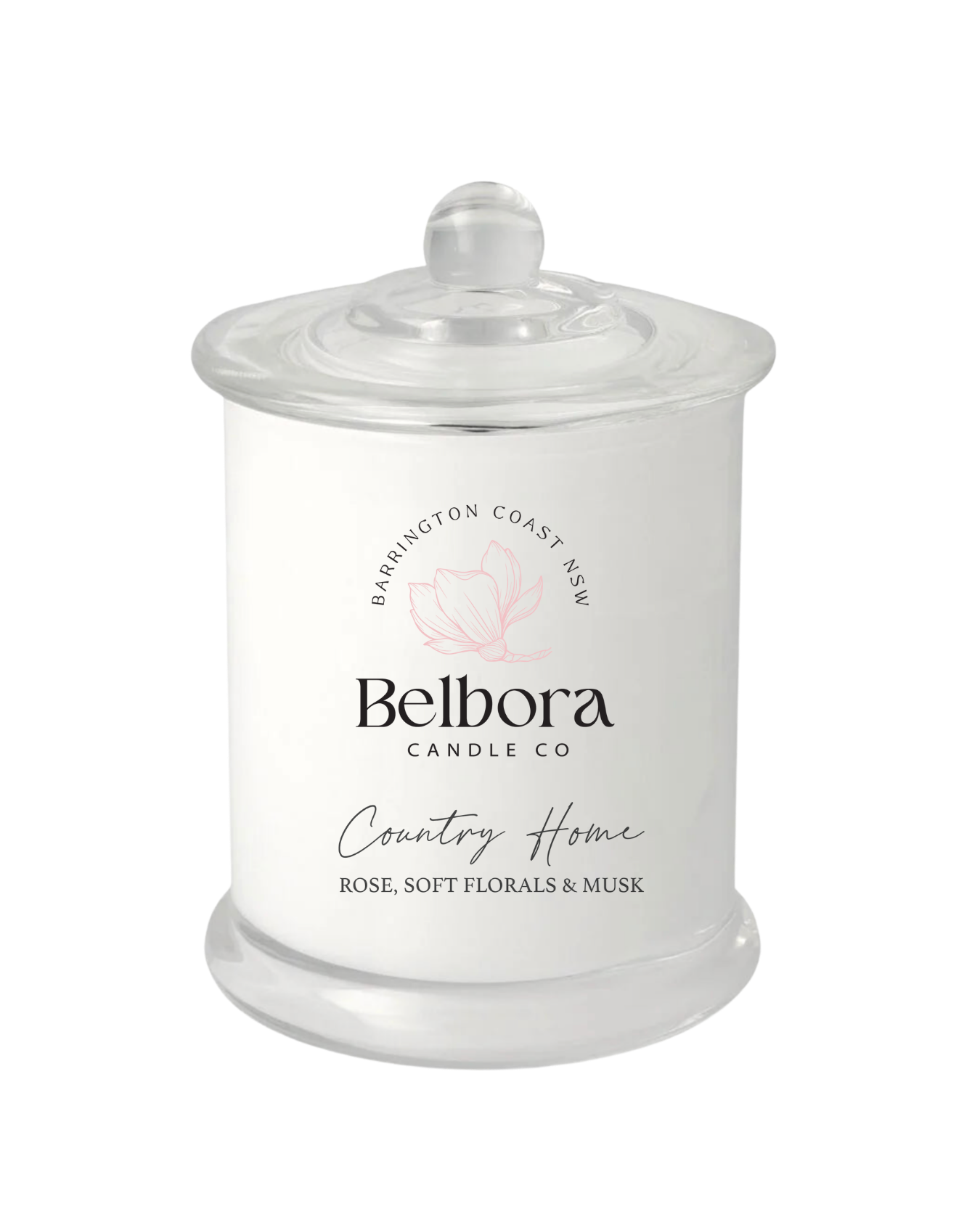 Belbora Candle Co. candle jar with a white label on a white background