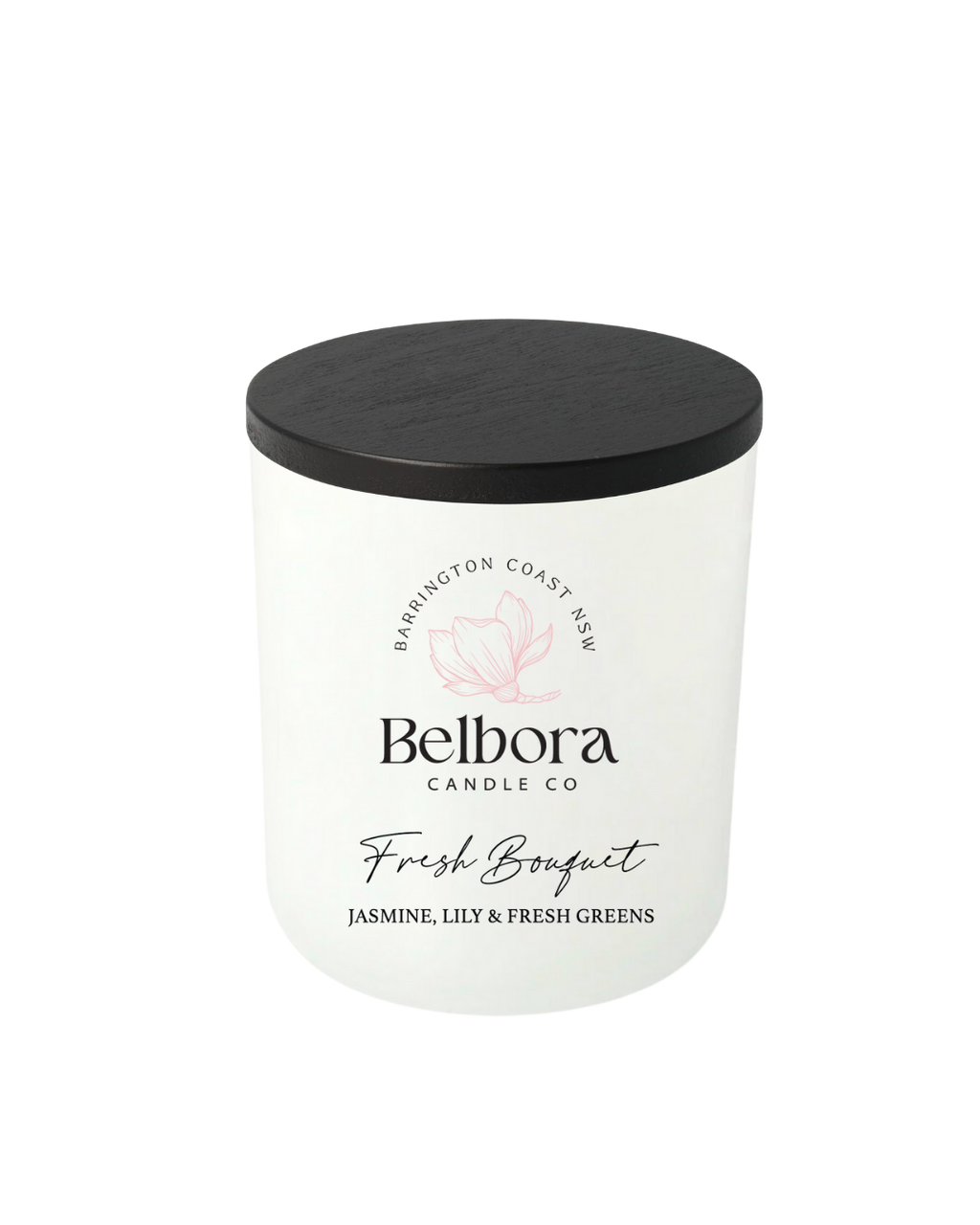 Belhora Candle Co Fresh Bouquet White candle jar with black lid 