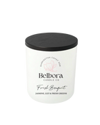 Belhora Candle Co Fresh Bouquet White candle jar with black lid 