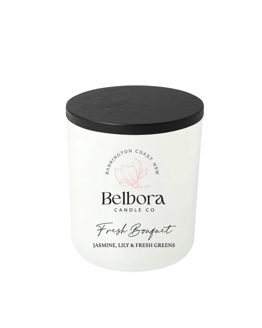 Belhora Candle Co Fresh Bouquet White candle jar with black lid 