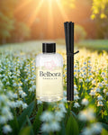 Belbora candle co Fresh Bouquet Reed Diffuser Refill set in a field of white flowers with a sunset background