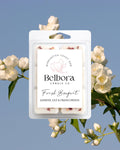 Belbora Candle Co Fresh Bouquet Wax Melts packaging on a blue sky and floral background