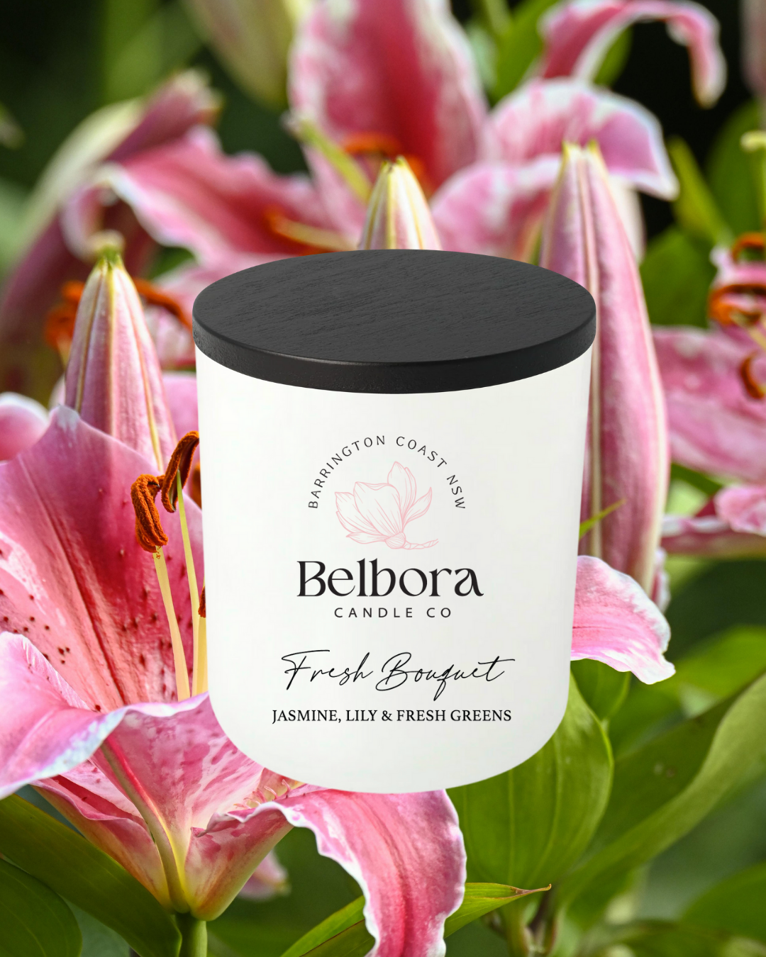 Belhora Candle Co Fresh Bouquet  candle with pink lilies in the background