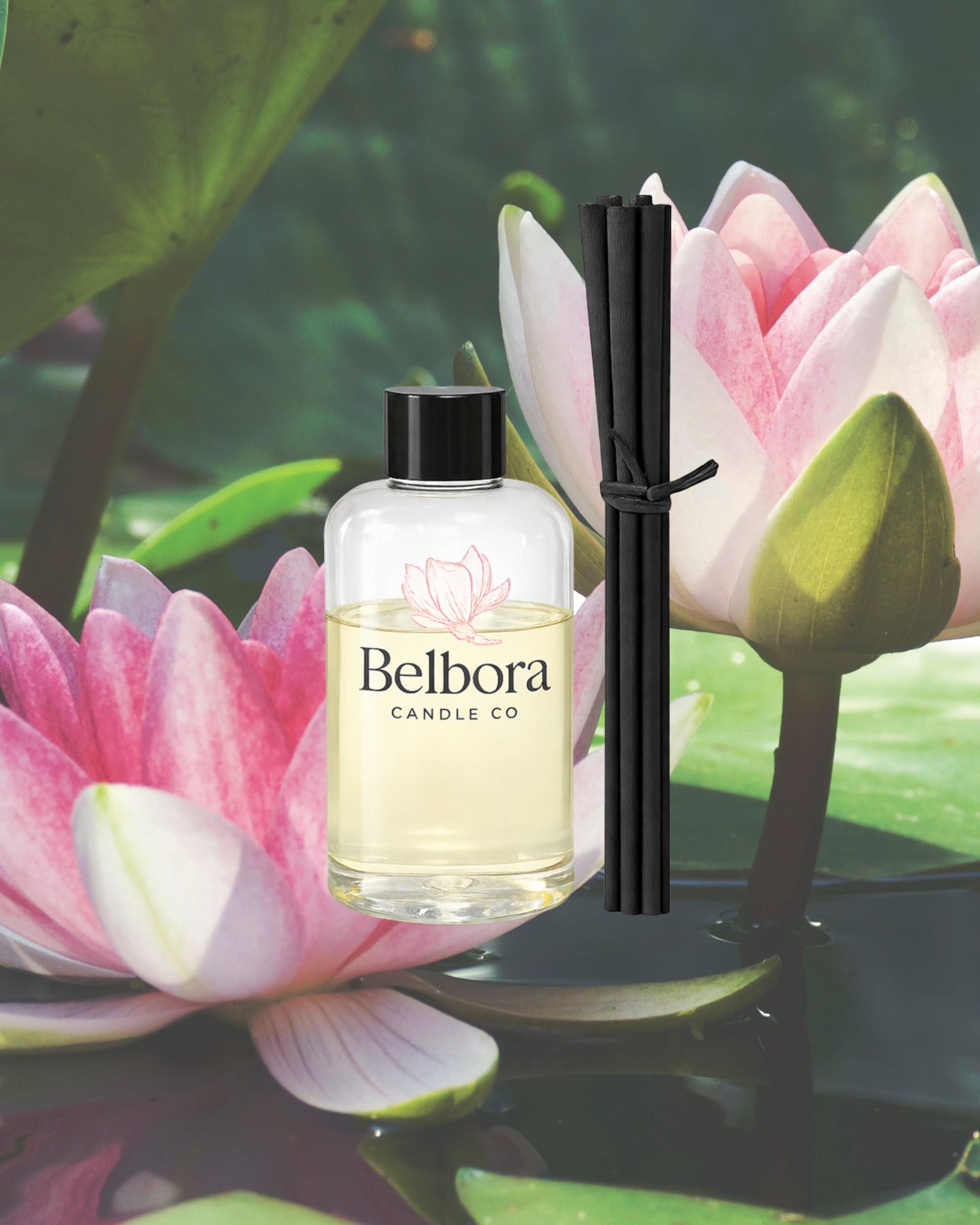 Belbora candle co Lily Pond Reed Diffuser Refill against a background of pink water lilies