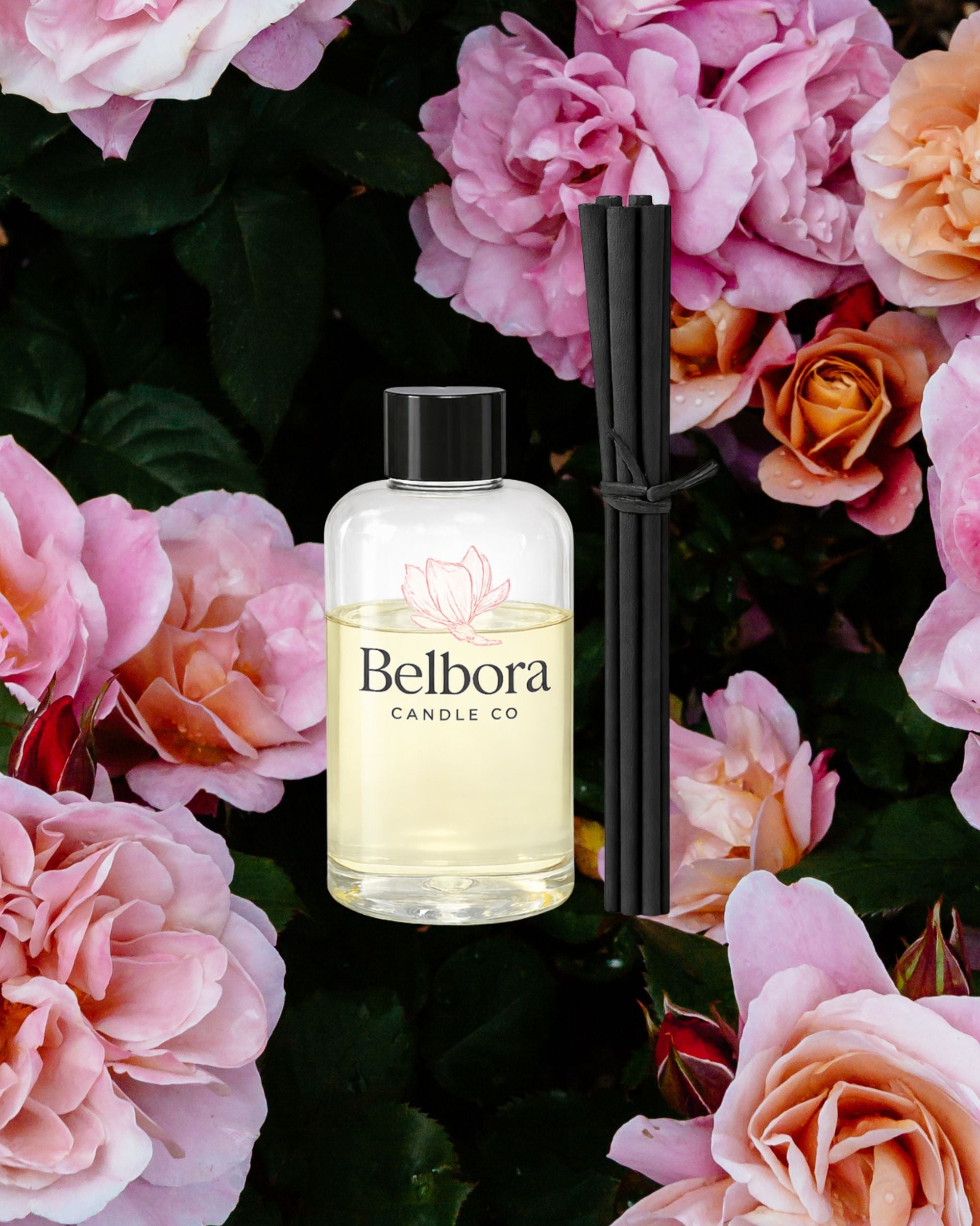 Belbora candle co Under the Stars Reed Diffuser Refill surrounded by pink and orange flowers
