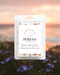 Belbora Candle Co Under the Stars Wax Melts wax melt package with a sunset and flowers in the background